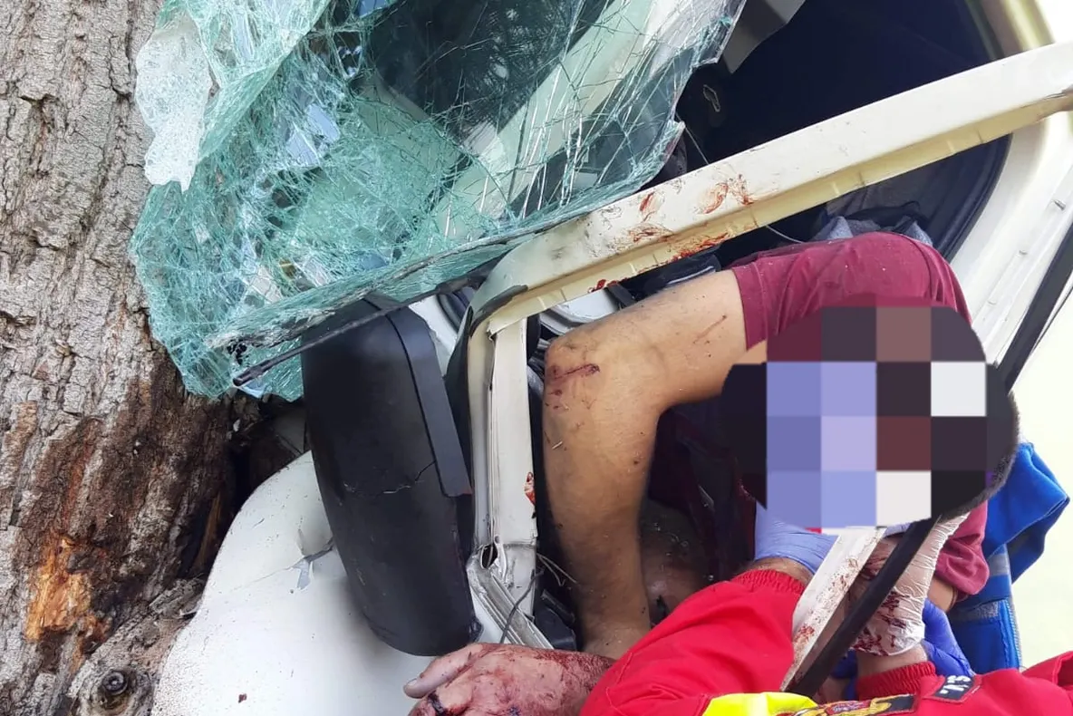 GALERIE FOTO: Un bărbat a murit după ce a ajuns cu mașina într-un copac de pe marginea drumului