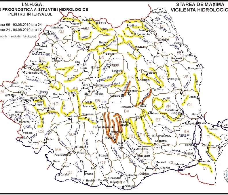 Atenționare hidrologică COD GALBEN! Sunt vizate bazinele hidrologice ale râurilor Trotuș, Bistrița și Siret