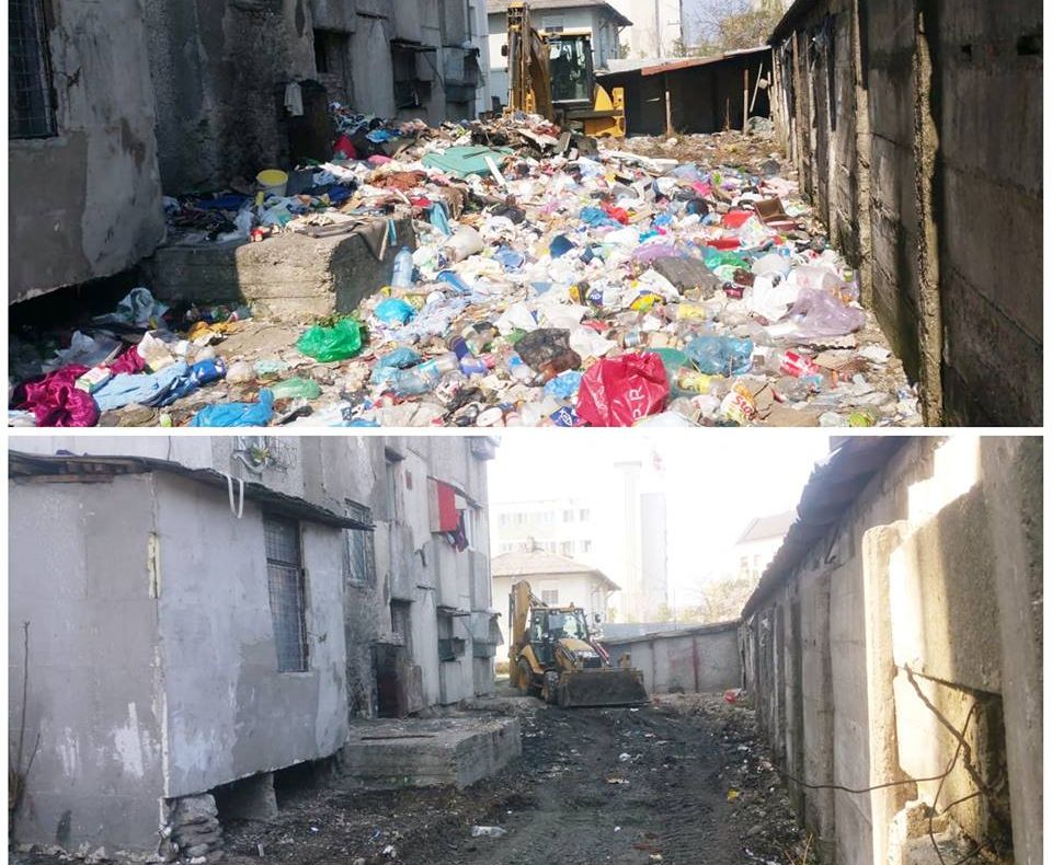 FOTO:Șase camioane cu gunoaie adunate într-o singură zi de lângă un bloc. Campionul Sebi Diaconu și liderii romilor, în primele rânduri