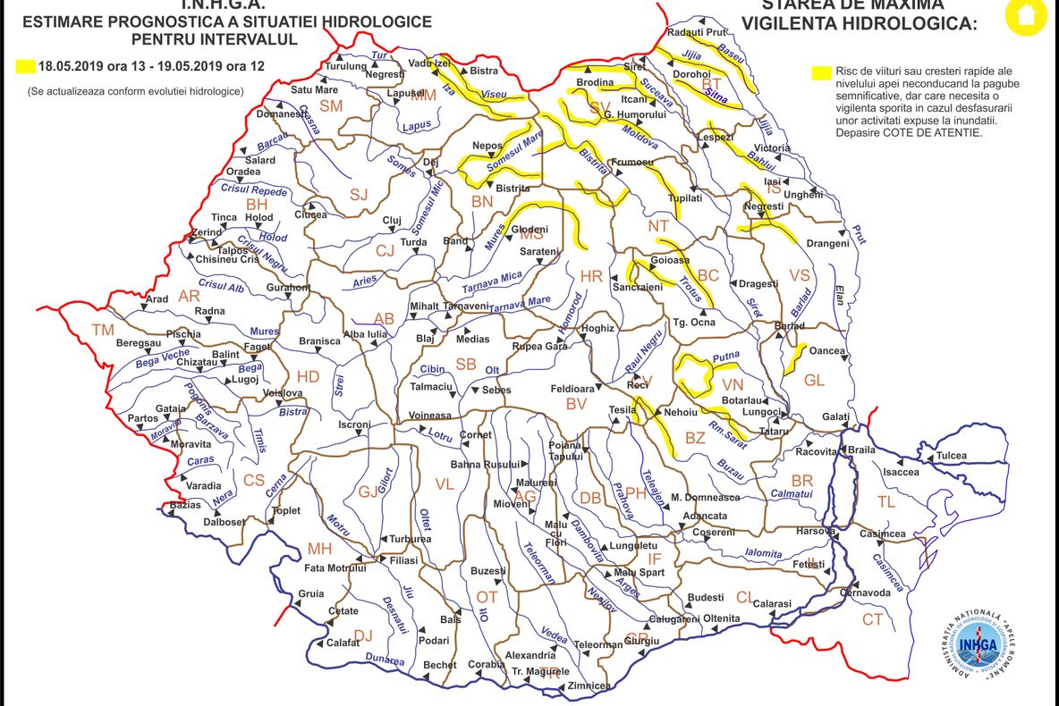 COD GALBEN-atenționare hidrologică. Sunt vizate bazinele hidrologice Trotuș, Bistrița și Bârlad