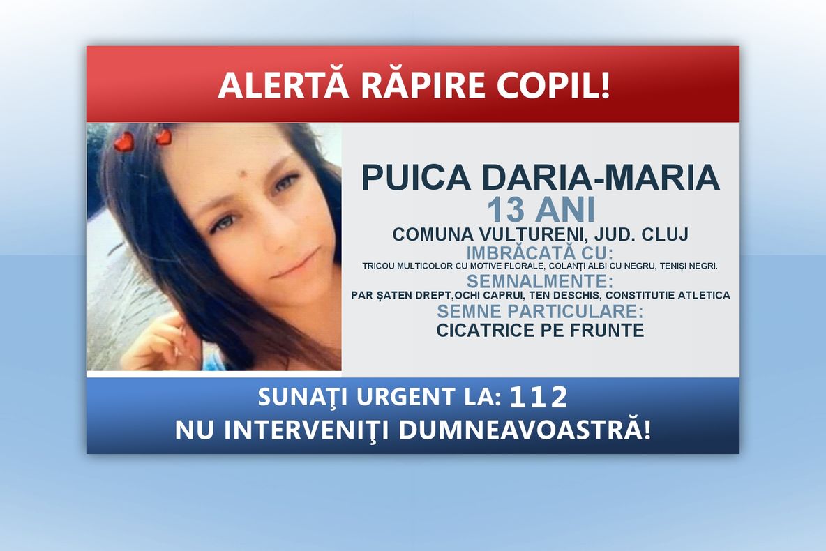 ULTIMA ORĂ: Poliția din toată țara, în ALERTĂ după răpirea unei copile de 13 ani din Cluj