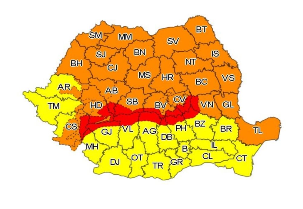 Cod roşu şi portocaliu de rafale în cea mai mare parte a României