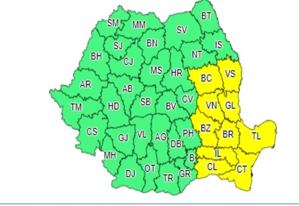 Zece judeţe vor intra sub atenţionare Cod galben de vânt puternic, de la ora 11:00