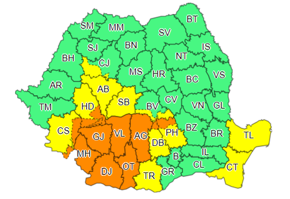 Cod Portocaliu de ploi, până diseară. În unele zone cantitățile de apă vor ajunge la 80 de litri pe metru pătrat